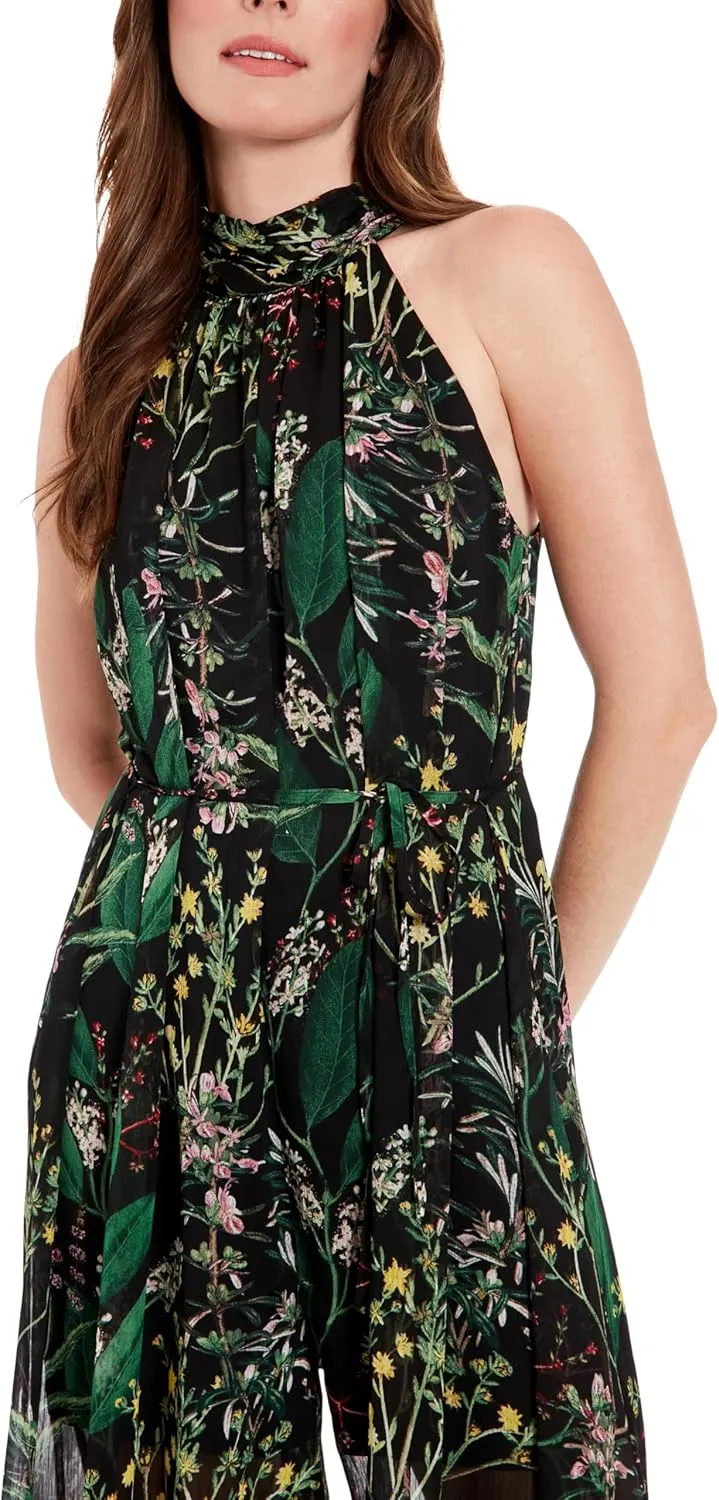 London Times womens Ruched Collar Halter-neck Maxi Jumpsuit - Elegant Sleeveless Flowy Wide-leg Floral Occasion Jumpsuit