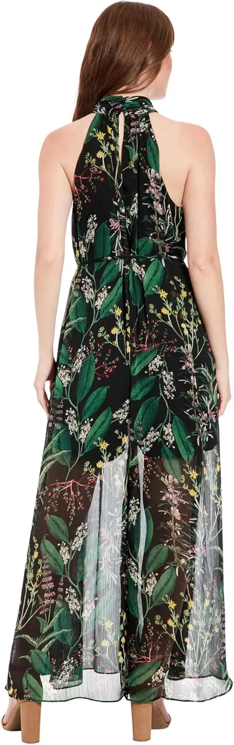 London Times womens Ruched Collar Halter-neck Maxi Jumpsuit - Elegant Sleeveless Flowy Wide-leg Floral Occasion Jumpsuit