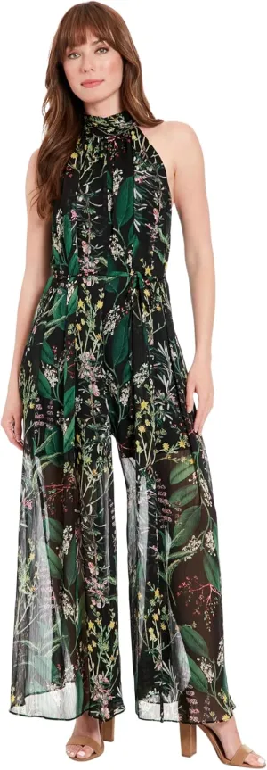 London Times womens Ruched Collar Halter-neck Maxi Jumpsuit - Elegant Sleeveless Flowy Wide-leg Floral Occasion Jumpsuit
