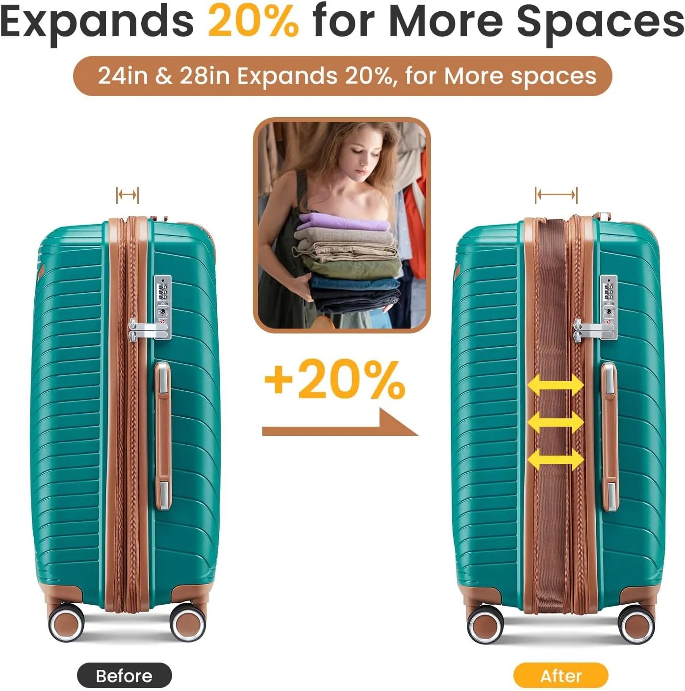Luggage Sets 4 Piece(14/20/24/28), Expandable Lightweight Suitcase with 4 Double 360 Degrees Mute Spinner Wheels, PP Materials Durable TSA Lock Travel Luggage (Coral Green)