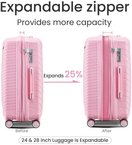 Luggage Sets 4 Piece(14/20/24/28), Expandable Lightweight Suitcase with 4 Double 360 Degrees Mute Spinner Wheels PP Materials Durable TSA Lock Travel Luggage (Pink)
