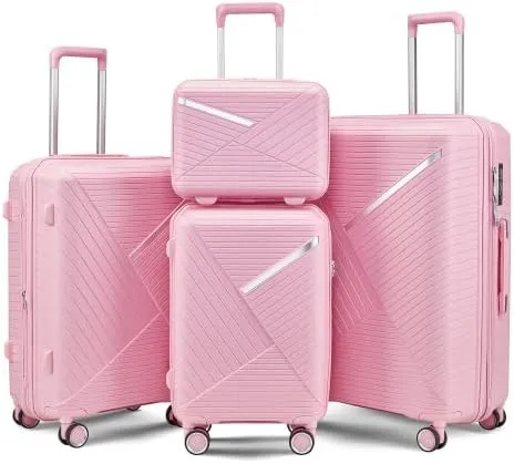 Luggage Sets 4 Piece(14/20/24/28), Expandable Lightweight Suitcase with 4 Double 360 Degrees Mute Spinner Wheels PP Materials Durable TSA Lock Travel Luggage (Pink)