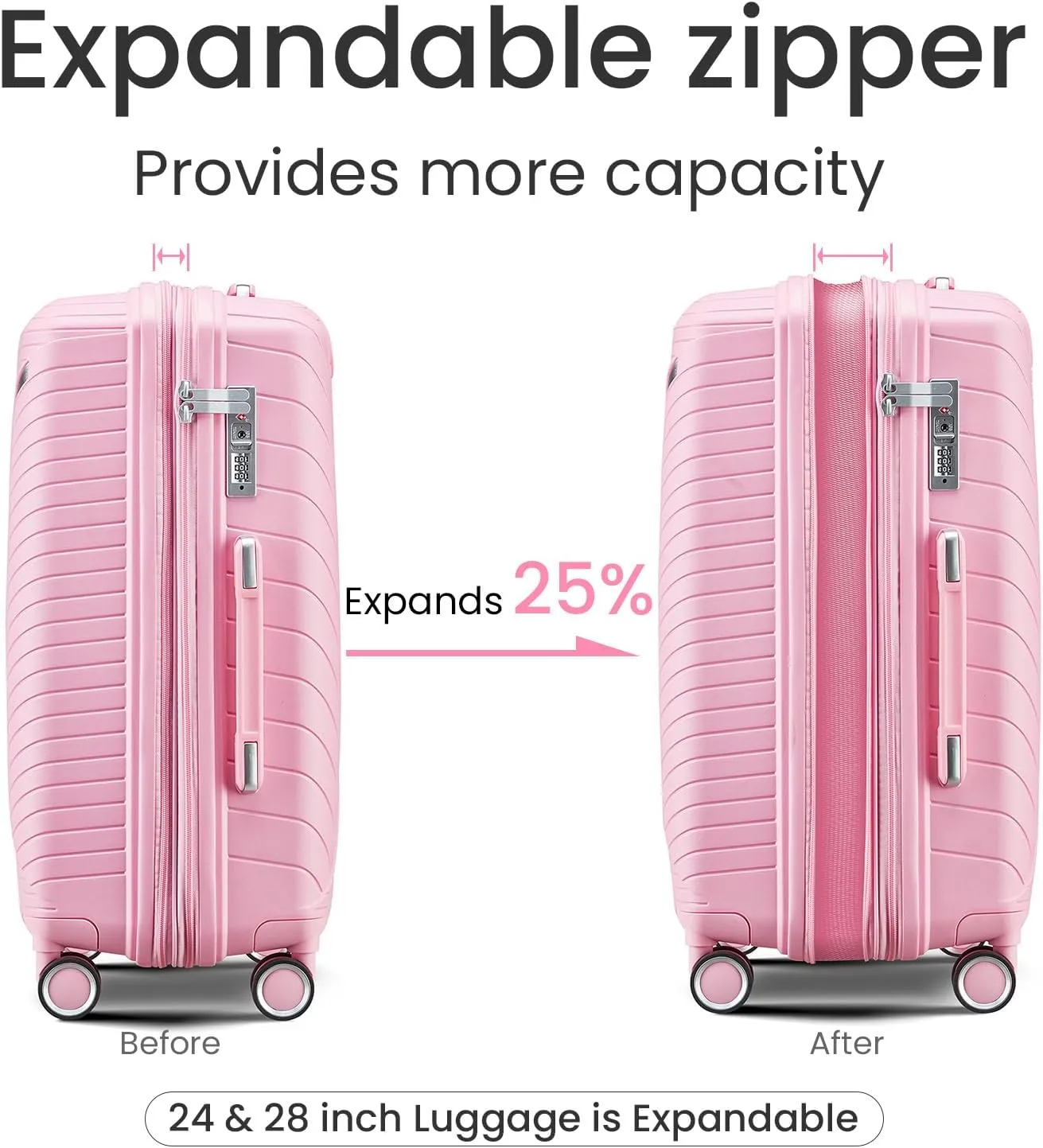 Luggage Sets 4 Piece(14/20/24/28), Expandable Lightweight Suitcase with 4 Double 360 Degrees Mute Spinner Wheels, PP Materials Durable TSA Lock Travel Luggage (Pink)