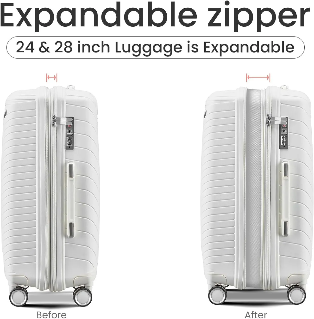 Luggage Sets 4 Piece(14/20/24/28), Expandable Lightweight Suitcase with 4 Double 360 Degrees Mute Spinner Wheels, PP Materials Durable TSA Lock Travel Luggage (White)