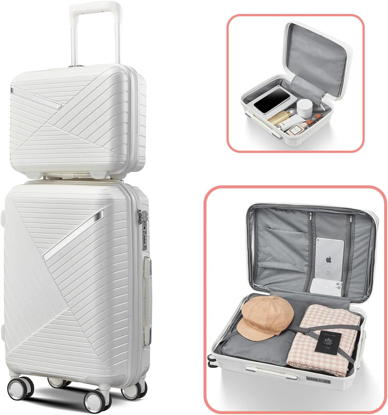 Luggage Sets 4 Piece(14/20/24/28), Expandable Lightweight Suitcase with 4 Double 360 Degrees Mute Spinner Wheels, PP Materials Durable TSA Lock Travel Luggage (White)