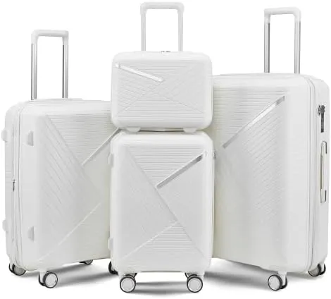 Luggage Sets 4 Piece(14/20/24/28), Expandable Lightweight Suitcase with 4 Double 360 Degrees Mute Spinner Wheels PP Materials Durable TSA Lock Travel Luggage (White)