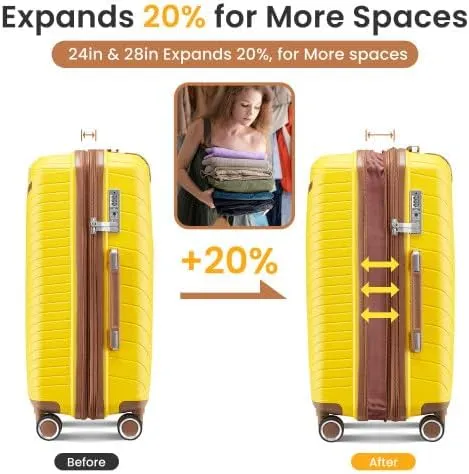 Luggage Sets 4 Piece(14/20/24/28), Expandable Lightweight Suitcase with 4 Double 360 Degrees Mute Spinner Wheels PP Materials Durable TSA Lock Travel Luggage (Yeiiow)