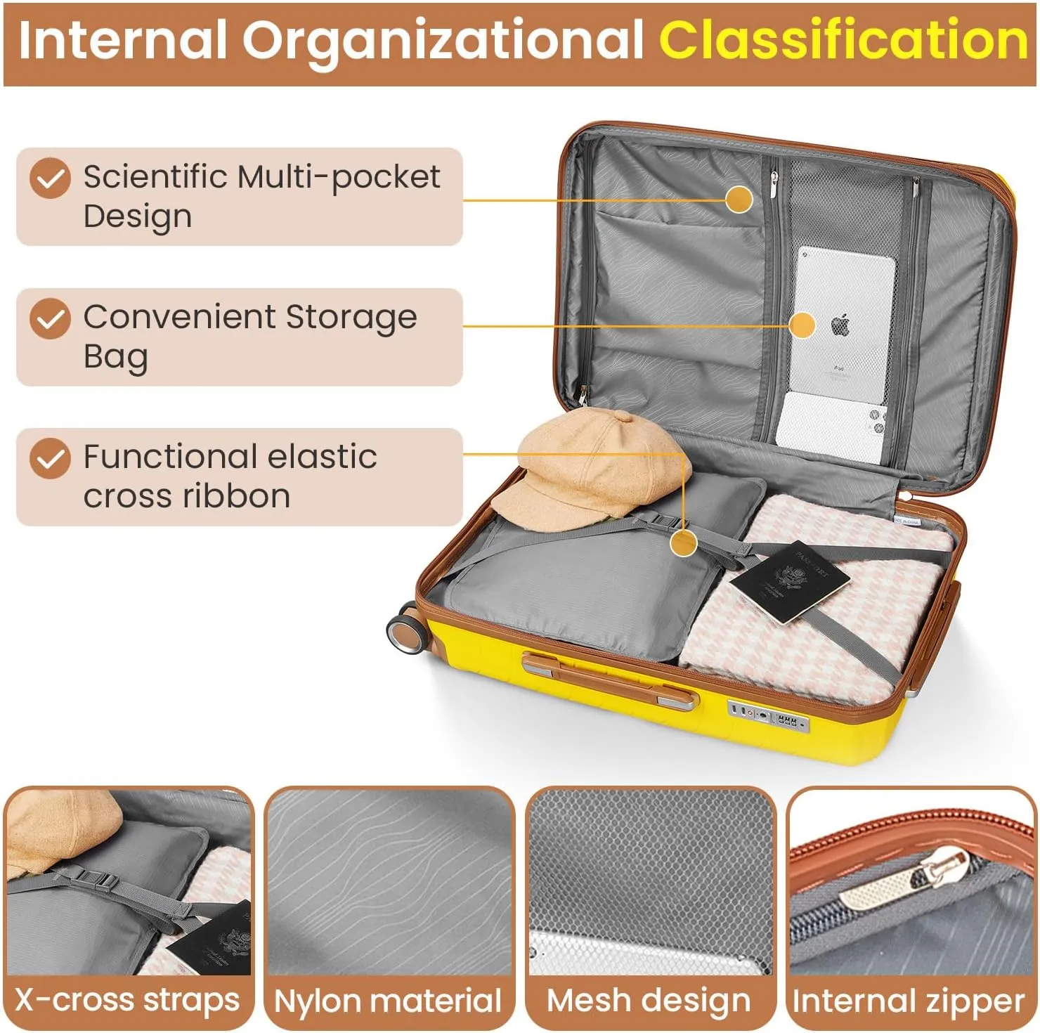 Luggage Sets 4 Piece(14/20/24/28), Expandable Lightweight Suitcase with 4 Double 360 Degrees Mute Spinner Wheels, PP Materials Durable TSA Lock Travel Luggage (Yellow)