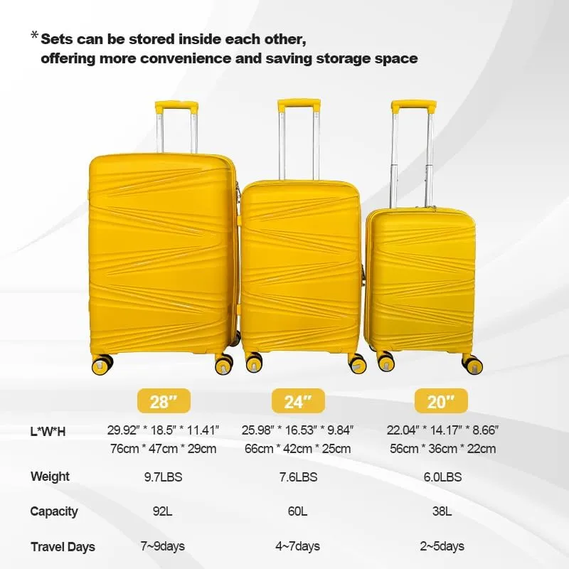 Luggage Sets(20in/24in/28in) with Spinner Wheels Hard Shell Luggage Hardside 3-Piece Set Lightweight Rolling Suitcase with TSA Lock for Travel Antique Yellow