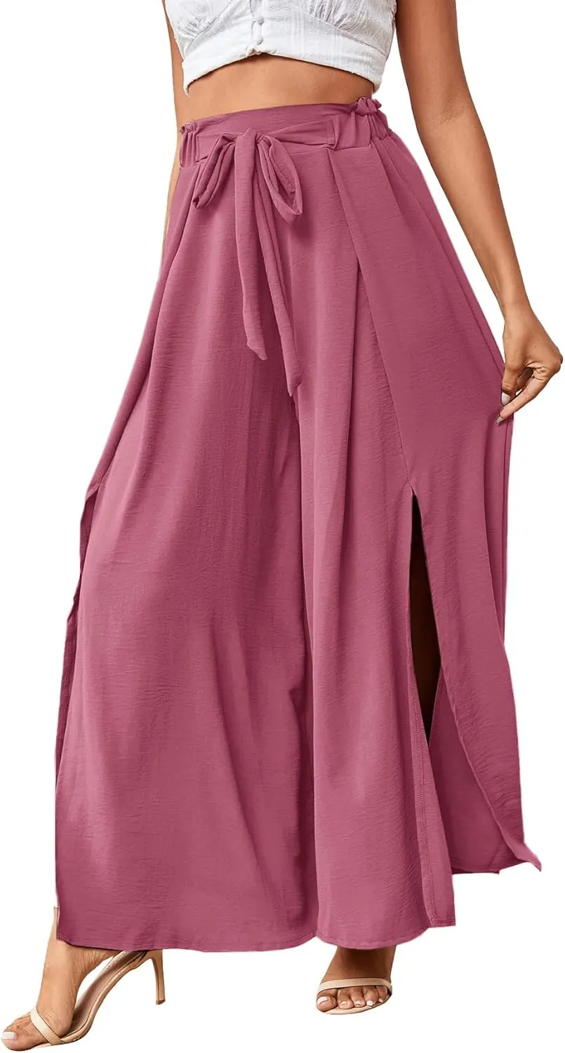 LYANER Women's Tie Front High Waist Side Split Slit Flowy Wide Leg Pleated Pant with Belt