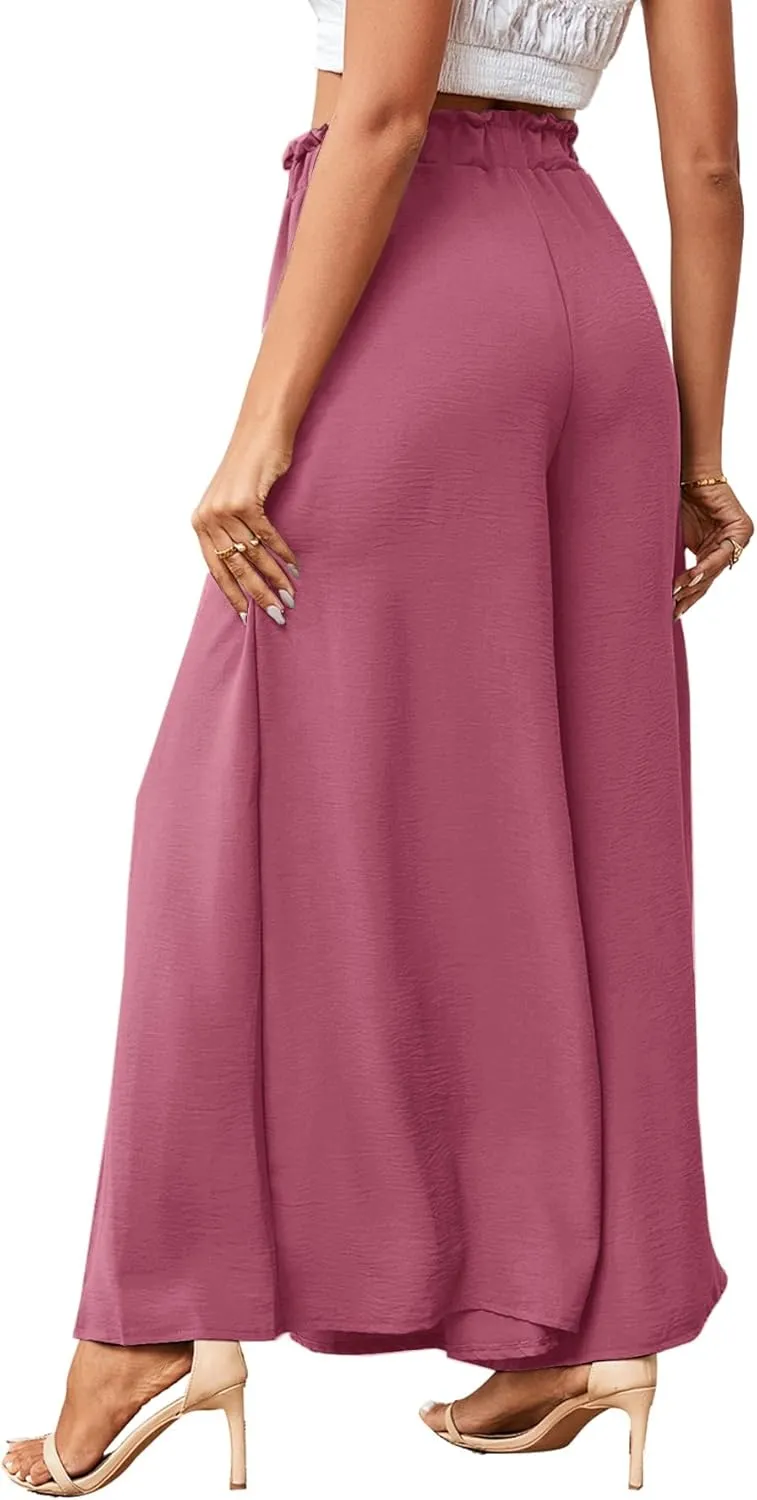 LYANER Women's Tie Front High Waist Side Split Slit Flowy Wide Leg Pleated Pant with Belt