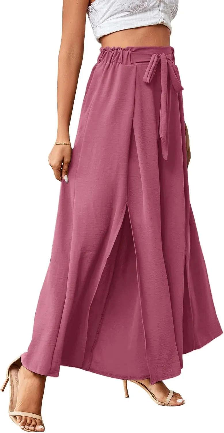 LYANER Women's Tie Front High Waist Side Split Slit Flowy Wide Leg Pleated Pant with Belt
