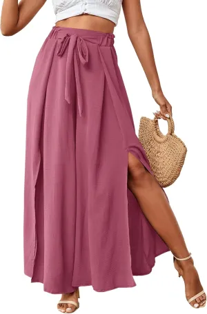 LYANER Women's Tie Front High Waist Side Split Slit Flowy Wide Leg Pleated Pant with Belt