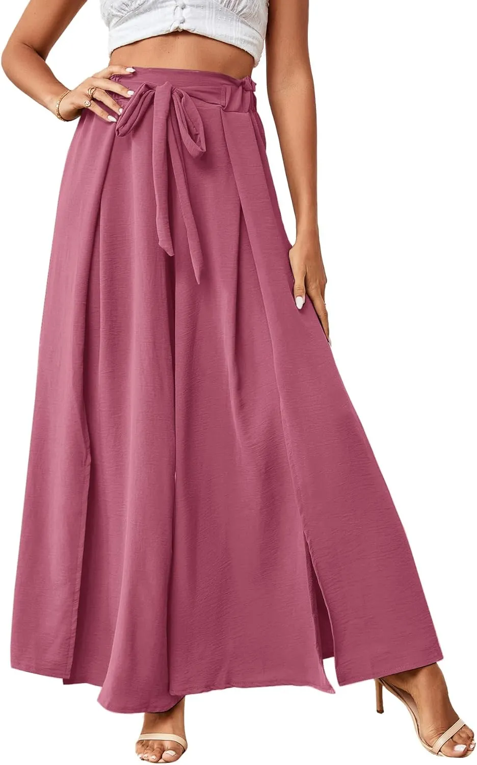 LYANER Women's Tie Front High Waist Side Split Slit Flowy Wide Leg Pleated Pant with Belt
