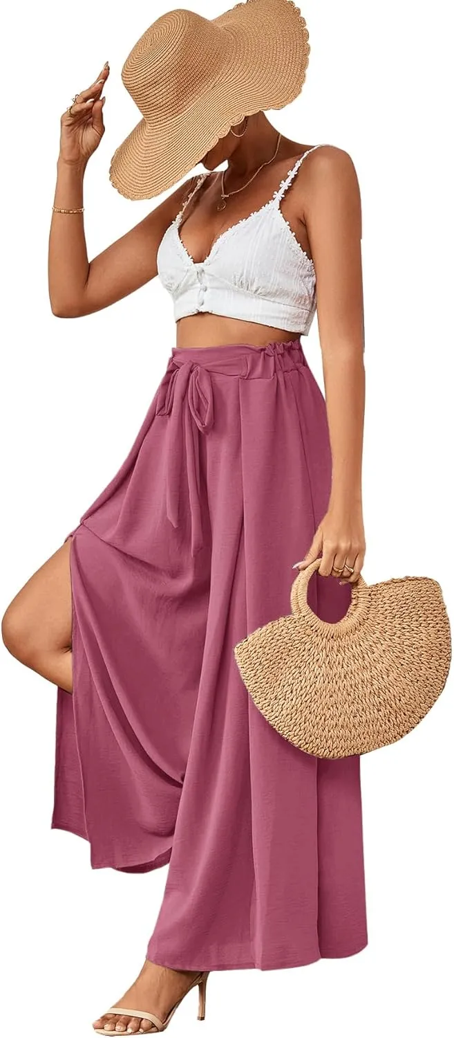 LYANER Women's Tie Front High Waist Side Split Slit Flowy Wide Leg Pleated Pant with Belt