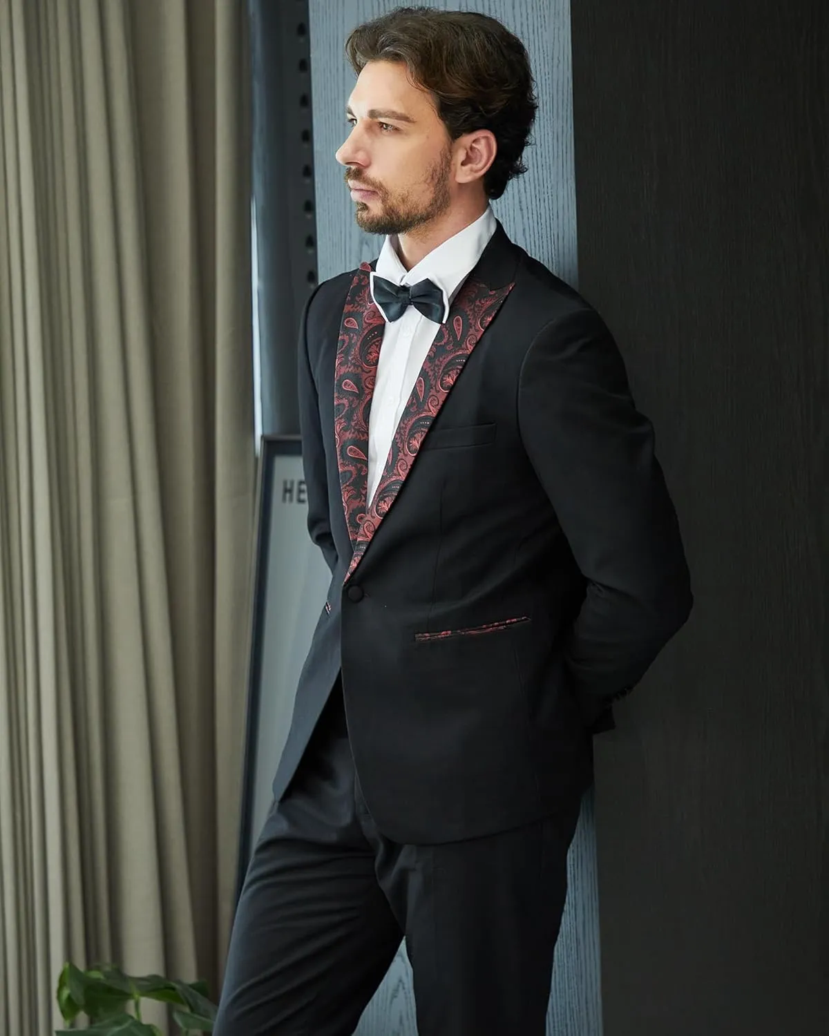 MAGE MALE Men's 2 Piece Suit One Button Slim Fit Formal Wedding Prom Tuxedo Suits Blazer Pants with Bow Tie Set