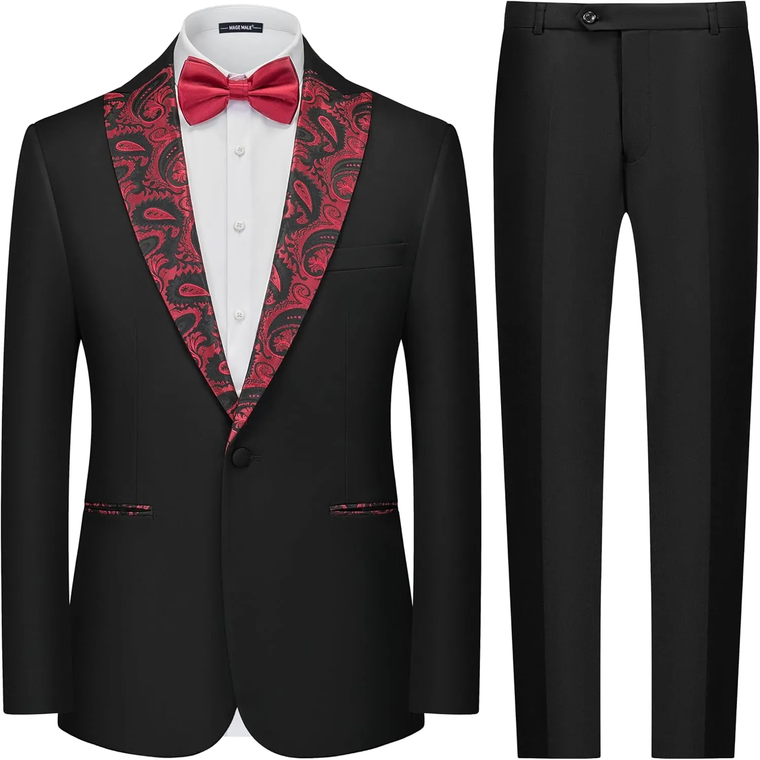 MAGE MALE Men's 2 Piece Suit One Button Slim Fit Formal Wedding Prom Tuxedo Suits Blazer Pants with Bow Tie Set