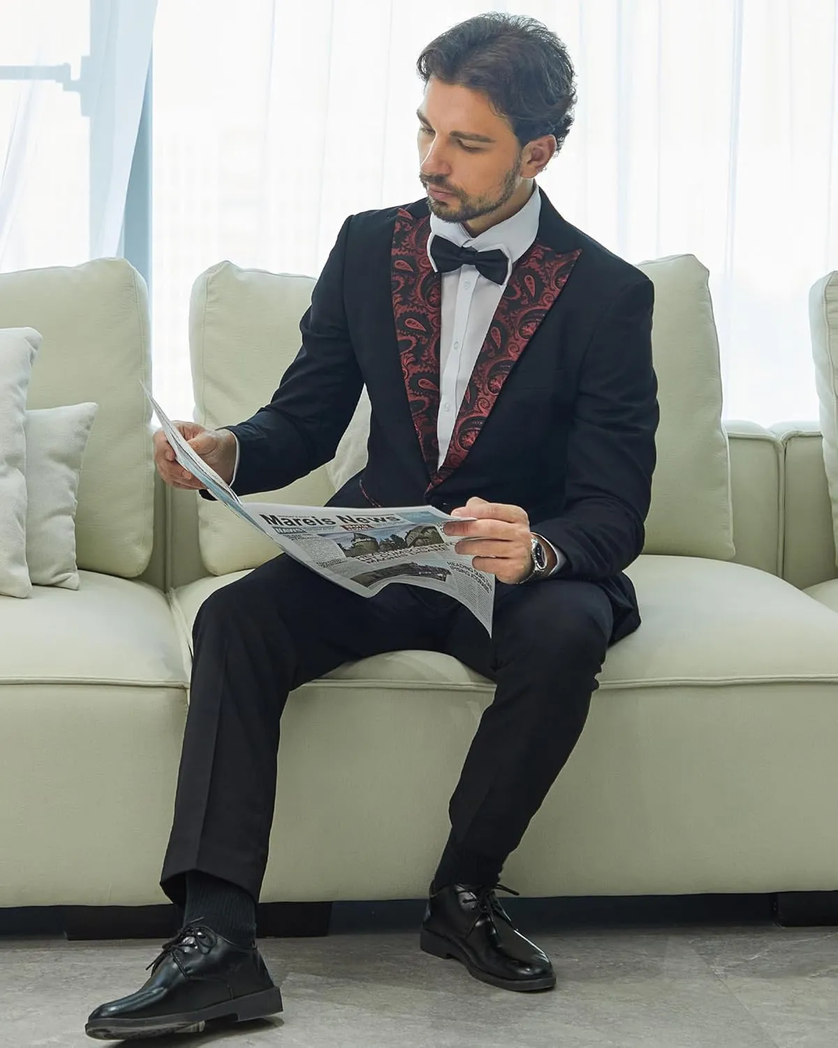 MAGE MALE Men's 2 Piece Suit One Button Slim Fit Formal Wedding Prom Tuxedo Suits Blazer Pants with Bow Tie Set