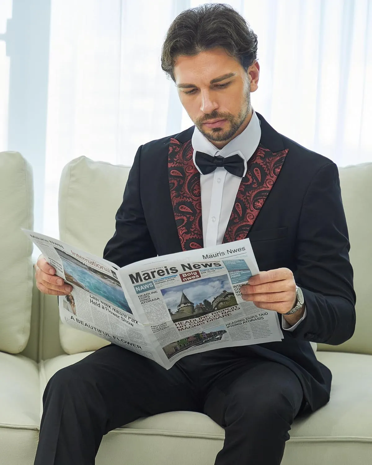 MAGE MALE Men's 2 Piece Suit One Button Slim Fit Formal Wedding Prom Tuxedo Suits Blazer Pants with Bow Tie Set