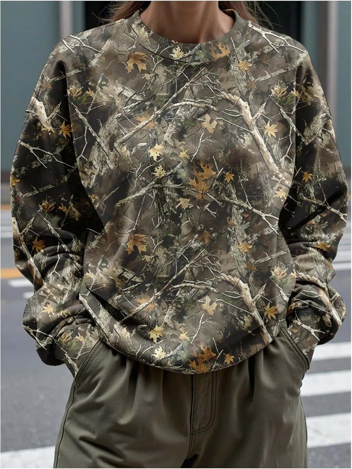 MakeMeChic Women's Camo Sweatshirt Graphic Crew Neck Long Sleeve Drop Shoulder Oversized Pullover Top