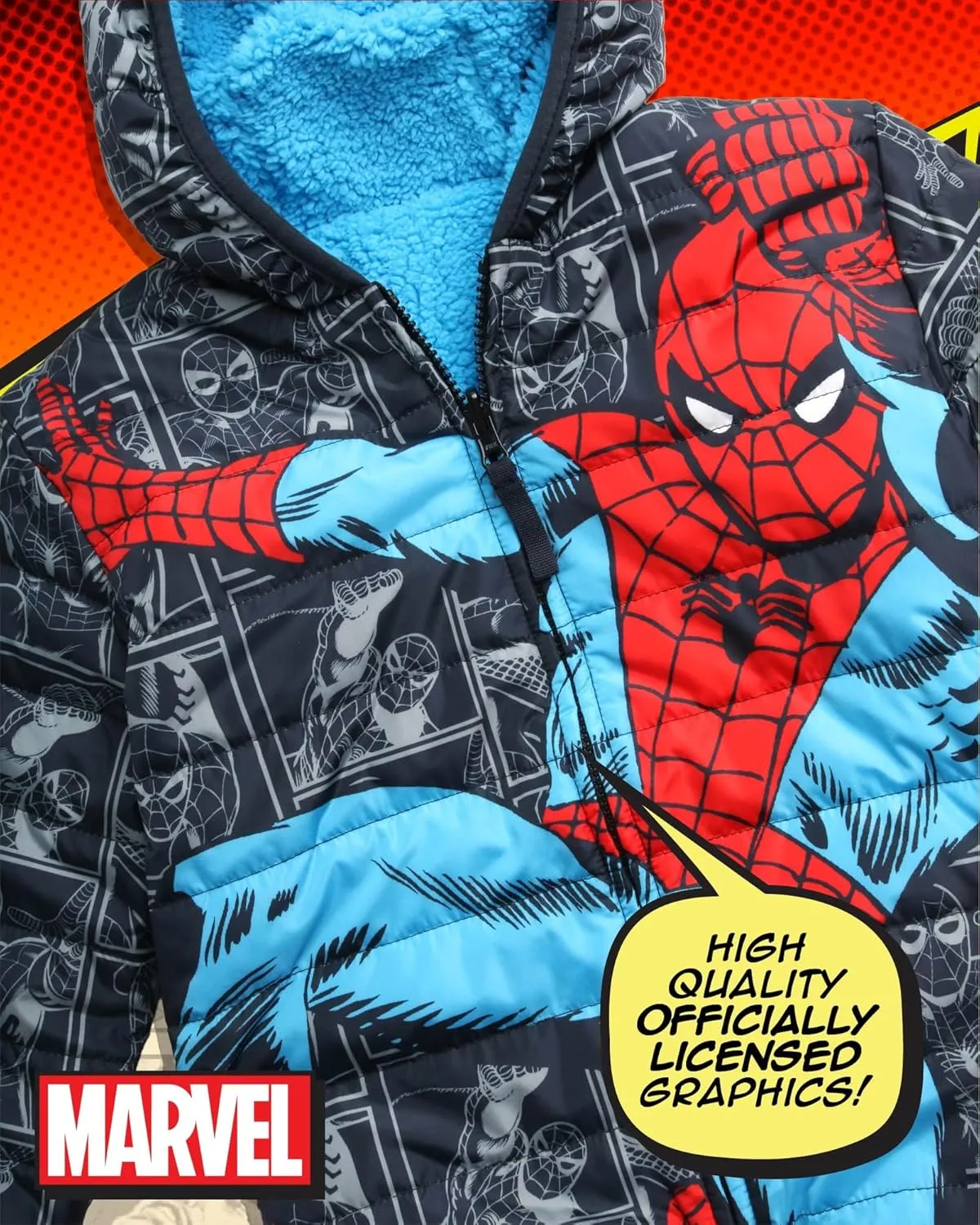 Marvel Boys’ Avengers Spider-Man Reversible Jacket – Spidey Quilted Puffer Coat with Sherpa Fleece Lining (2T-20)