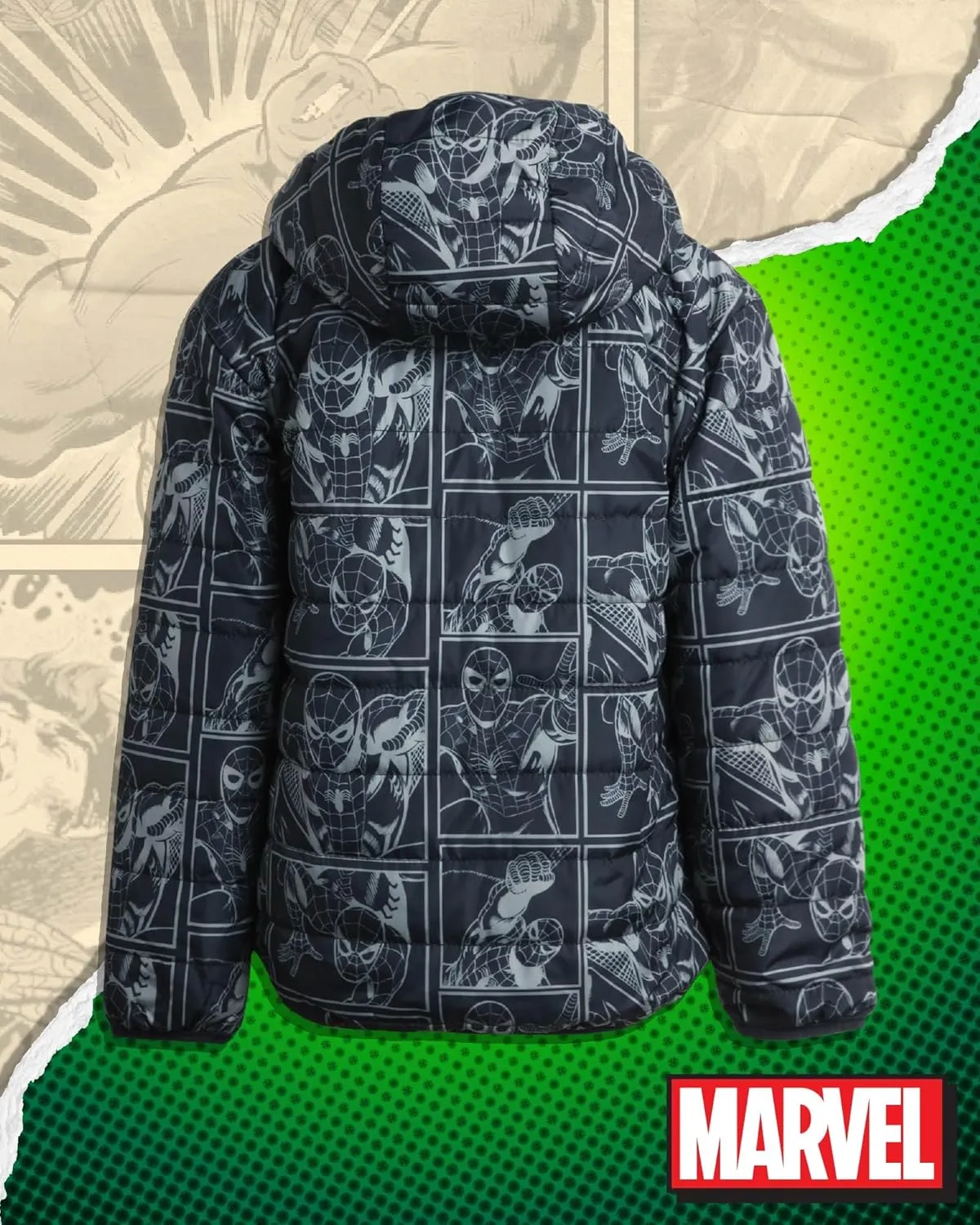 Marvel Boys’ Avengers Spider-Man Reversible Jacket – Spidey Quilted Puffer Coat with Sherpa Fleece Lining (2T-20)