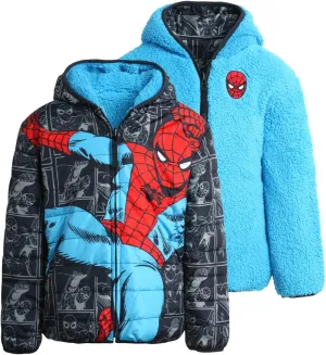 Marvel Boys’ Avengers Spider-Man Reversible Jacket – Spidey Quilted Puffer Coat with Sherpa Fleece Lining (2T-20)