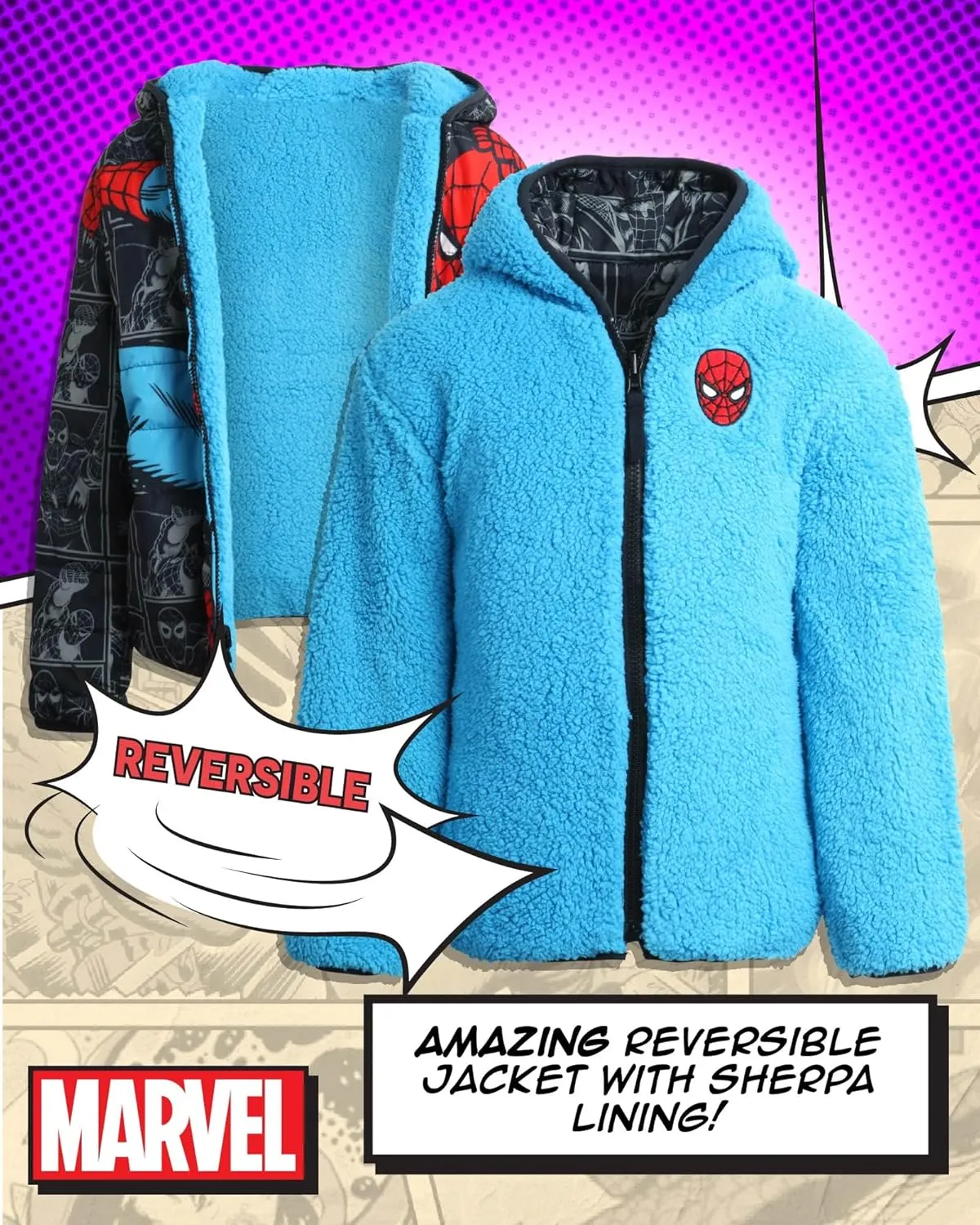 Marvel Boys’ Avengers Spider-Man Reversible Jacket – Spidey Quilted Puffer Coat with Sherpa Fleece Lining (2T-20)