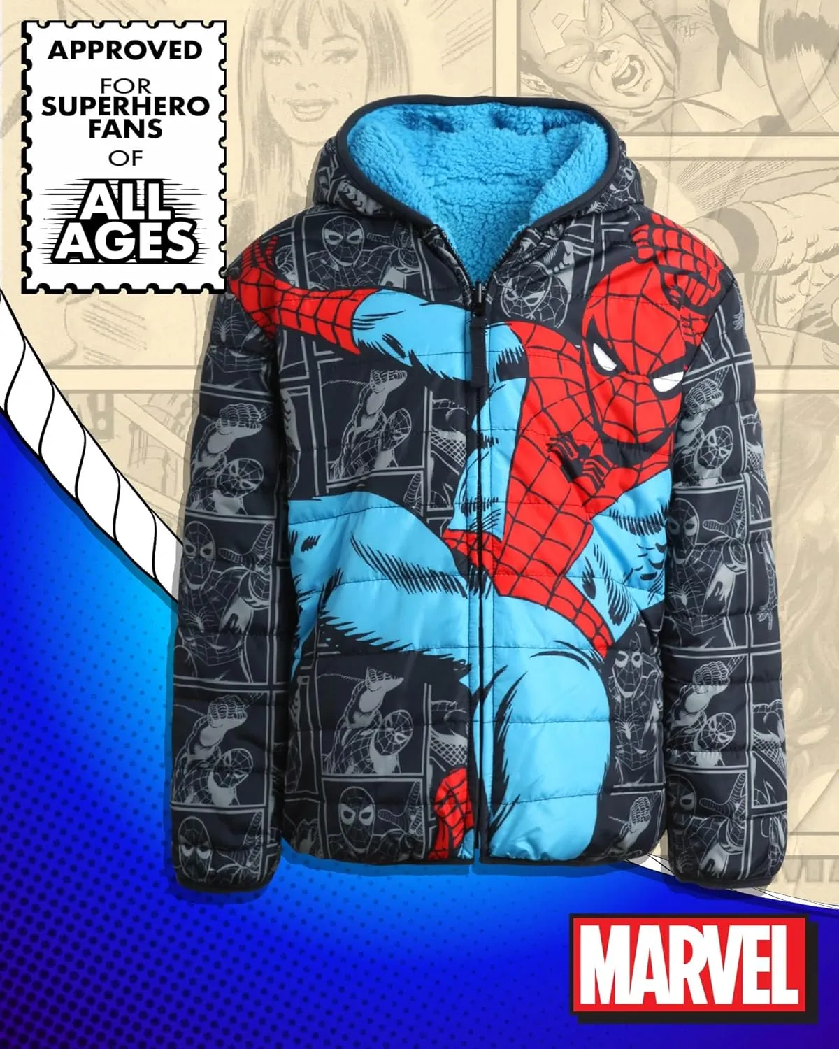 Marvel Boys’ Avengers Spider-Man Reversible Jacket – Spidey Quilted Puffer Coat with Sherpa Fleece Lining (2T-20)