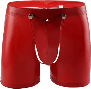 Men Sexy Lingerie PVC Boxer Faux Leather Brief Latex Shorts Pants Tights Wet Look Bikini Swim Trunks Nightclub (Red,XX-Large)