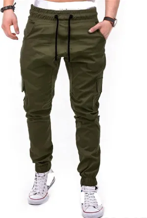 Men Slim Fit Casual Jogger Athletic Long Pant Hip Hop Chino Pocket Trousers Drawstring Outdoor Work Military Tactical Pants (Green,Small)