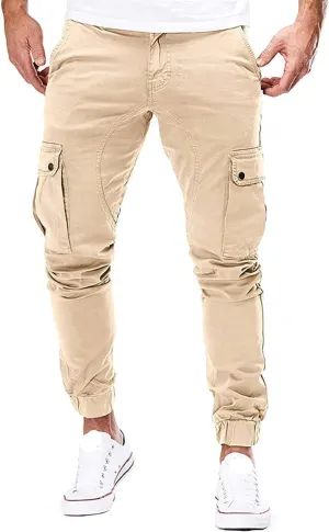 Mens Hiking Cargo Twill Pants Elastic Waist Trousers Jogger Chino Pant Slim Fit Tapered Work Trousers with Athletics Pocket (Khaki,Medium)