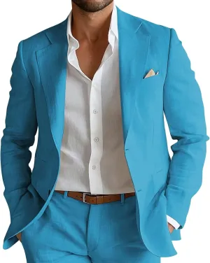 Mens Linen Suit 2 Piece Slim Fit Linen Suit for Men Beach Wedding Two Button Summer Casual Prom Party Suits Set