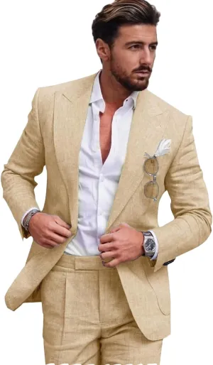 Mens Linen Suit for Beach Slim Fit 2 Piece Wedding Tuxedo for Men Casual Blazer Pant Set Prom Party Suit