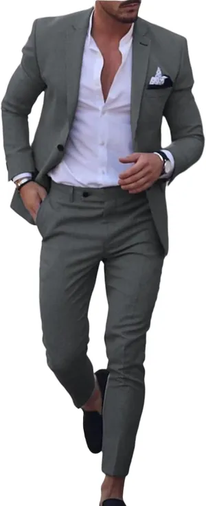 Men's Linen Suits 2 Piece Wedding Suit Vintage Summer Casual Tuxedo Suit Slim Fit Beach Groomsmen Blazer Jacket Pants Set