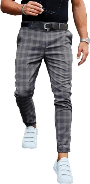 Mens Stretch Slim Fit Plaid Dress Pants with Pockets Checks Pattern Chino Trousers Fashion Casual Elasticity Button Pant (Dark Gray,Medium)