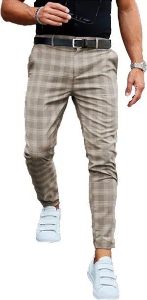 Mens Stretch Slim Fit Plaid Dress Pants with Pockets Checks Pattern Chino Trousers Fashion Casual Elasticity Button Pant (Khaki,XX-Large)