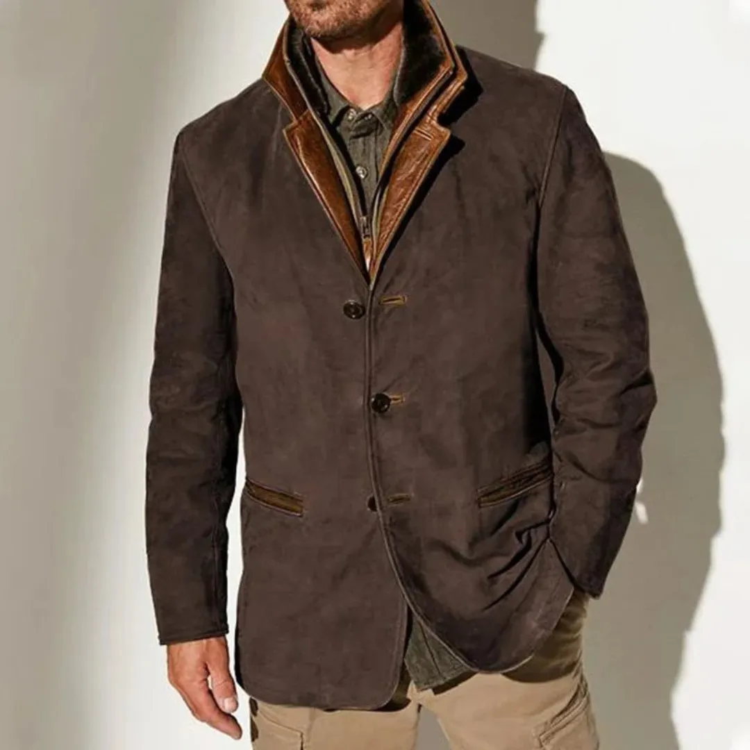 Mens Suede Jacket  Tailored Fit  Leather Trim  3-Button Front  Flap Pockets