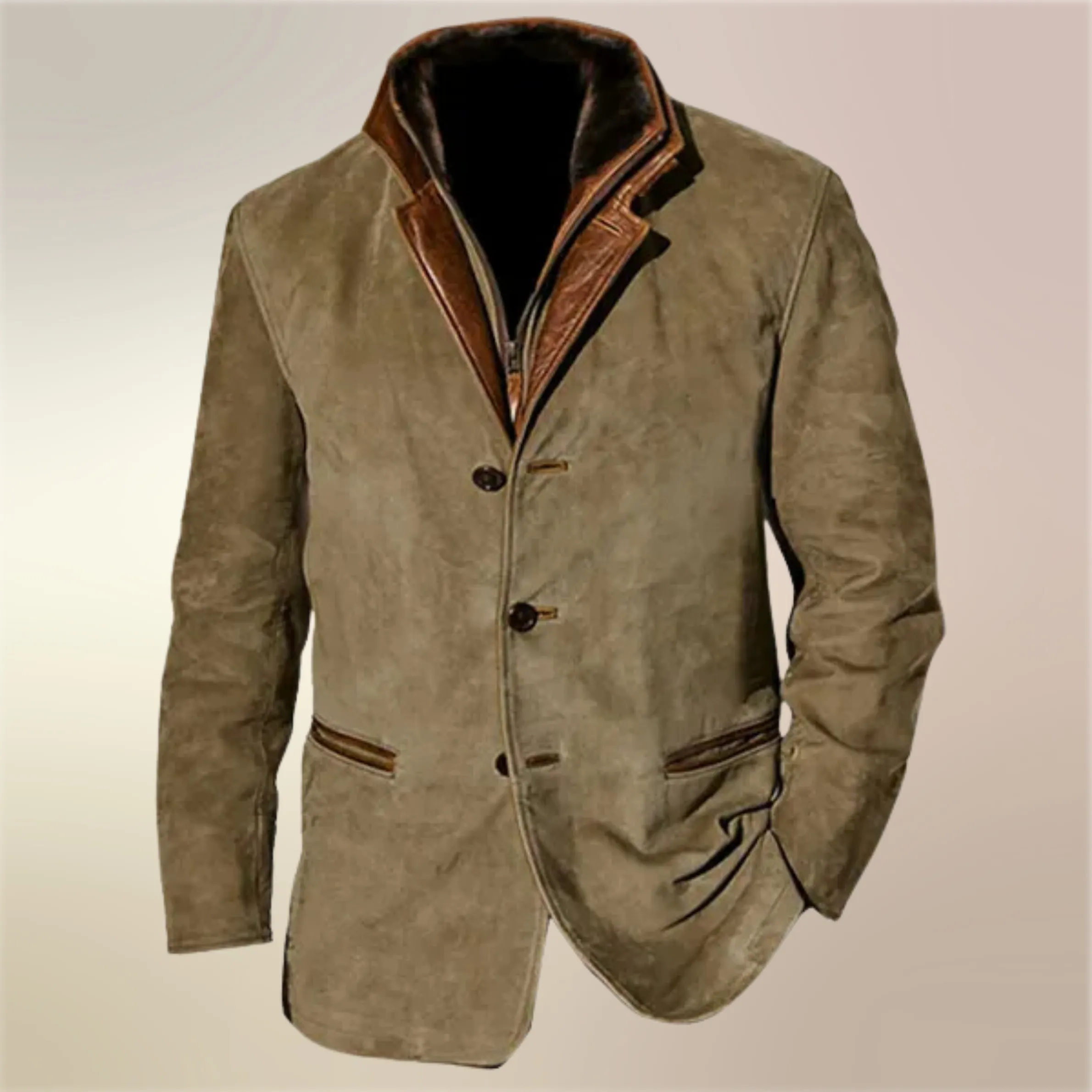 Mens Suede Jacket  Tailored Fit  Leather Trim  3-Button Front  Flap Pockets
