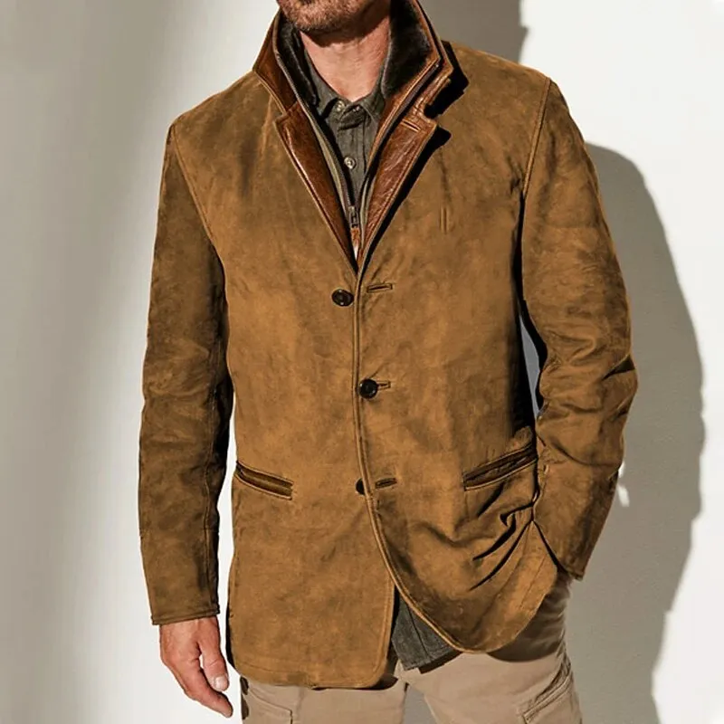 Mens Suede Jacket  Tailored Fit  Leather Trim  3-Button Front  Flap Pockets