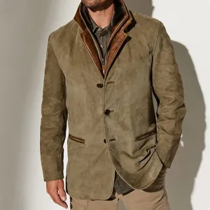 Mens Suede Jacket  Tailored Fit  Leather Trim  3-Button Front  Flap Pockets