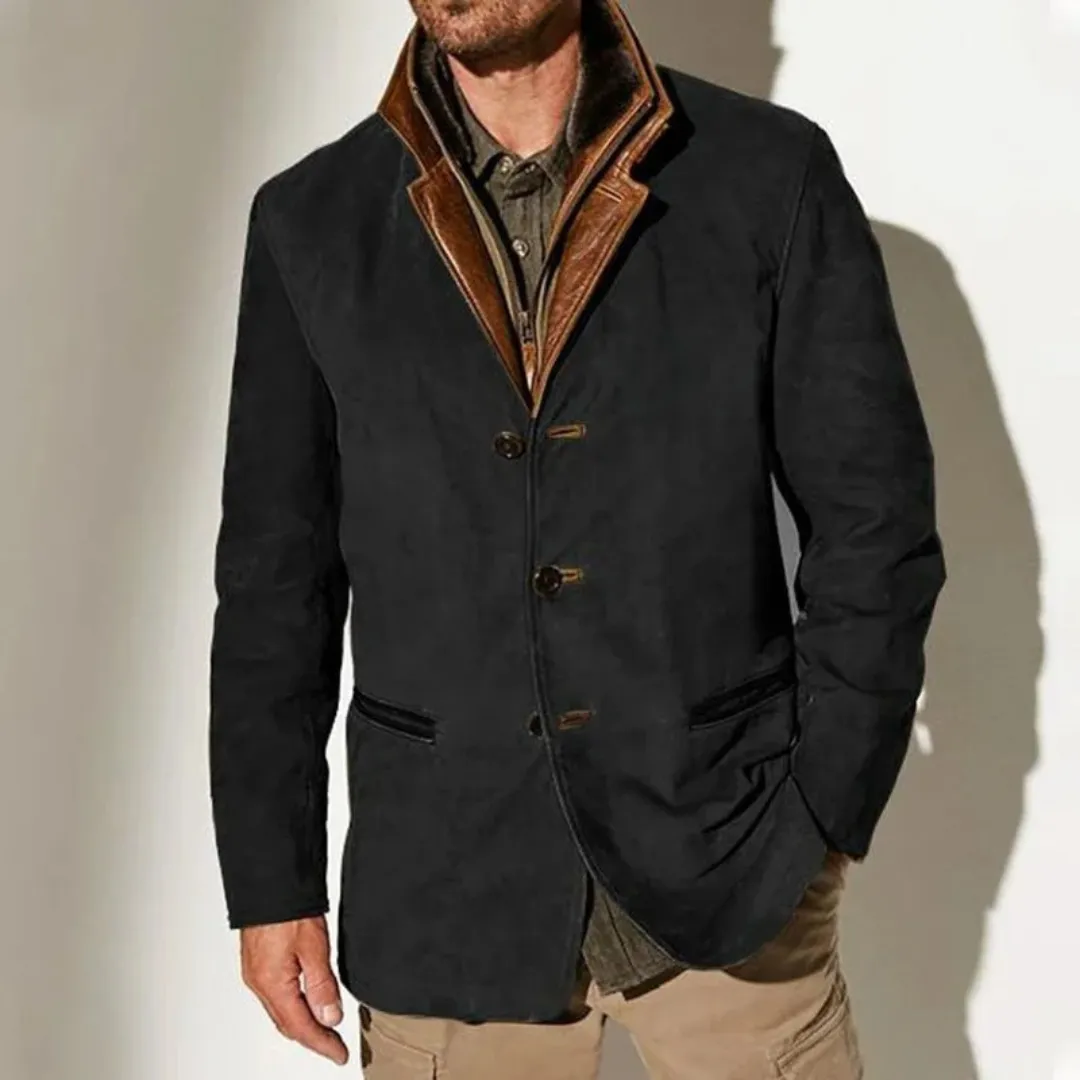 Mens Suede Jacket  Tailored Fit  Leather Trim  3-Button Front  Flap Pockets