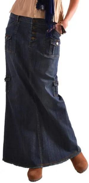 Mid Straight Long Maxi Denim Pocket Waist Button Womens Fashion Skirts Front Skirt Summer Skirts