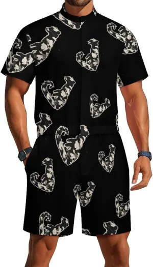 Mink Camouflage Mens Short Sleeve Rompers Printed Slim Fit One Piece Jumpsuit with Pocket