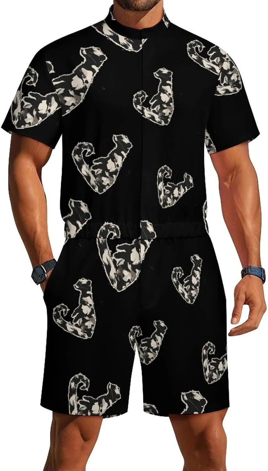 Mink Camouflage Mens Short Sleeve Rompers Printed Slim Fit One Piece Jumpsuit with Pocket