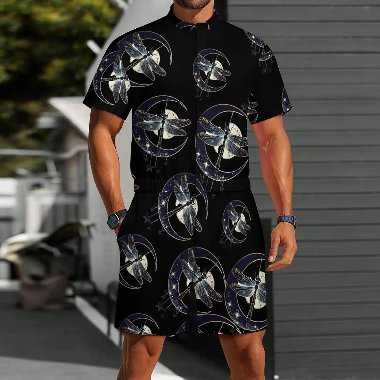 Moon Nature Insect Dragonfly Mens Short Sleeve Rompers Printed Slim Fit One Piece Jumpsuit with Pocket
