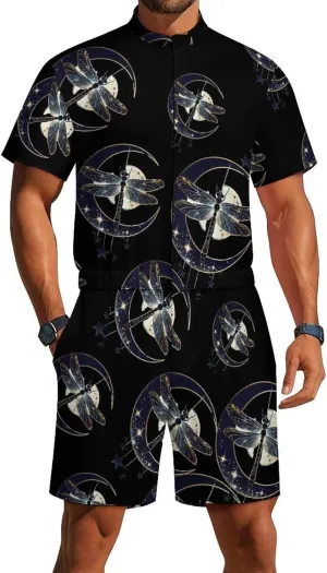 Moon Nature Insect Dragonfly Mens Short Sleeve Rompers Printed Slim Fit One Piece Jumpsuit with Pocket