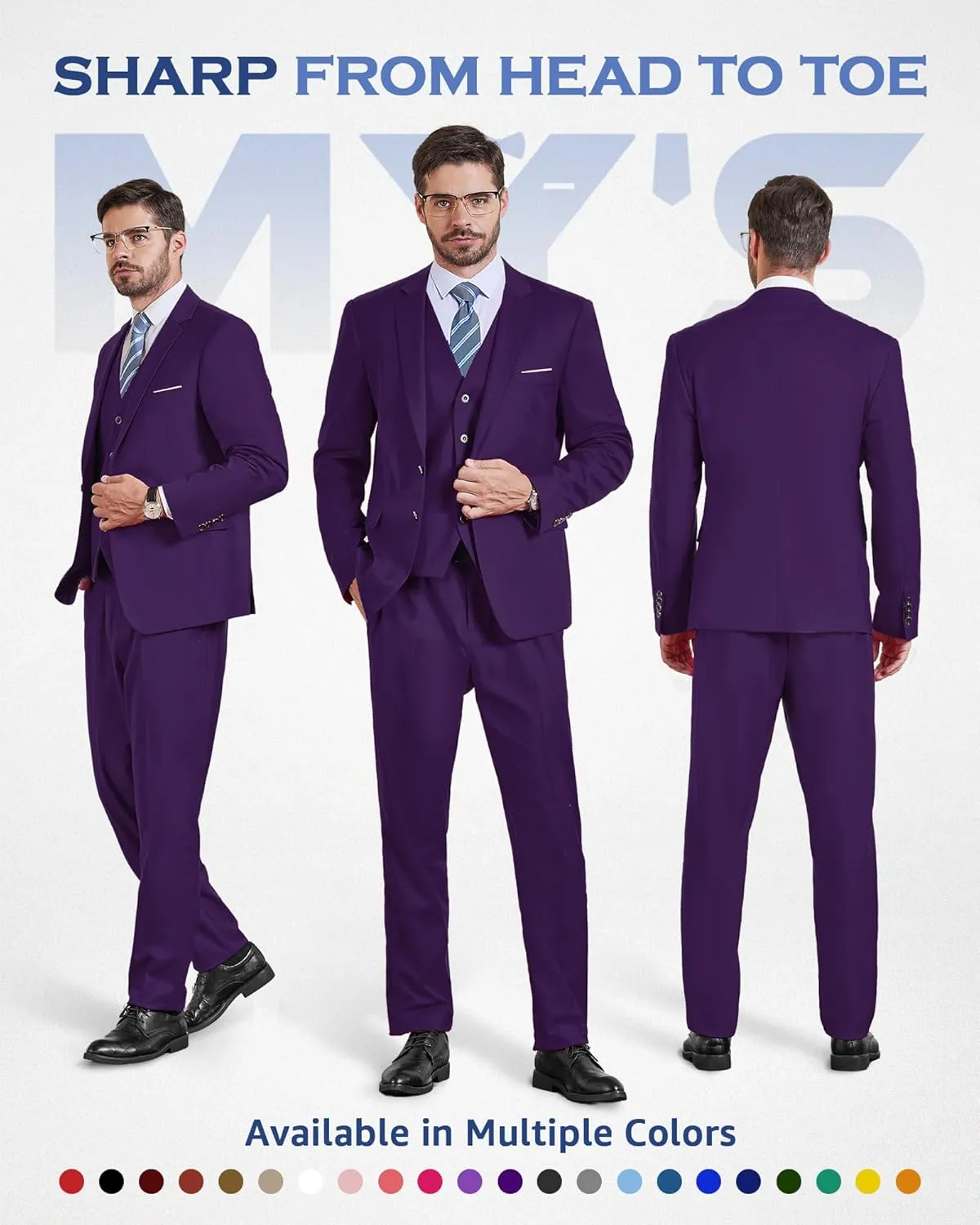 MY'S Men's Slim Fit 3 Pieces Suit, Two Buttons Solid Jacket Pants Set with Tie for Wedding Party Business Prom