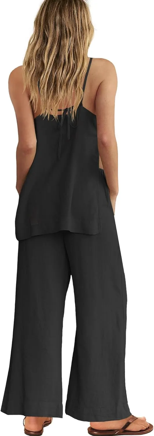 Panadila 2 Piece Linen Set Summer Travel Beach Vacation Outfit Sexy Spaghetti Strap Tank Top and Pants with Pockets