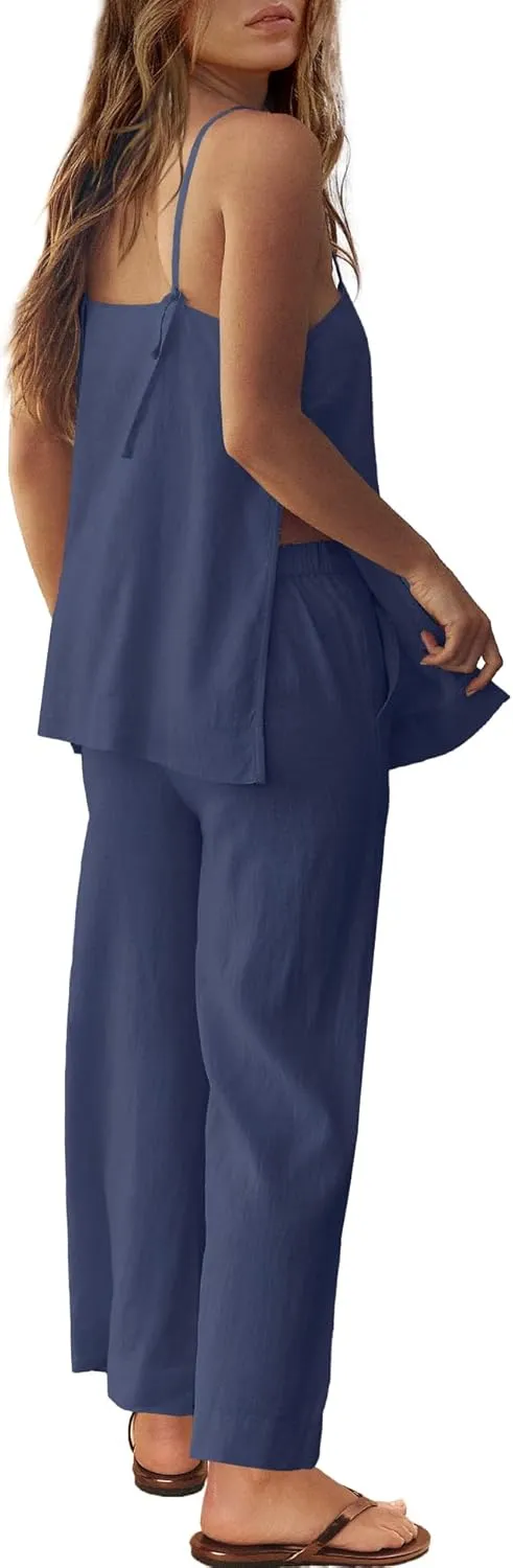 Panadila 2 Piece Linen Set Summer Travel Beach Vacation Outfit Sexy Spaghetti Strap Tank Top and Pants with Pockets